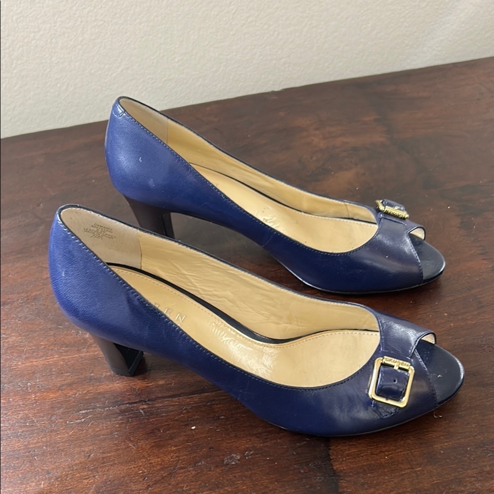Ralph Lauren Blue Peep-Toe Heels with Buckle Sz8.5 - Picture 6 of 11